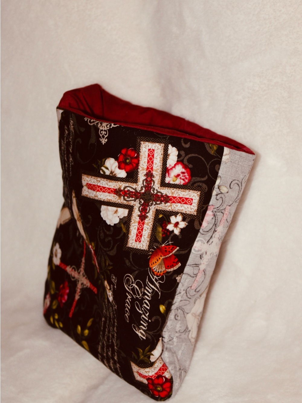 Handcrafted mismatched Black & Red Floral Cross Bible/ book Sleeve